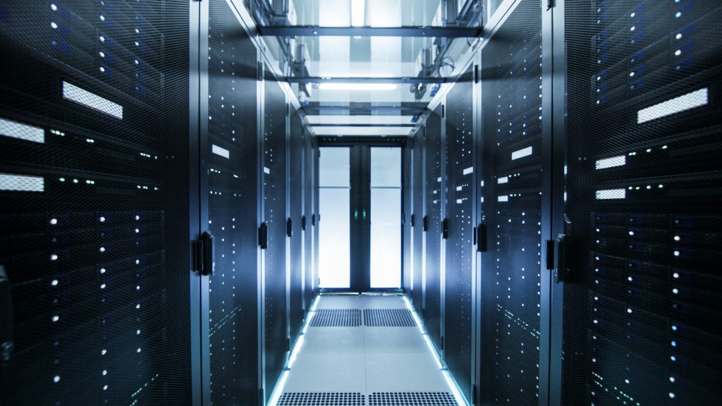 A lengthy corridor filled with multiple servers, representing a customer service help desk setup.