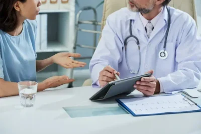 A doctor engages in a conversation with a patient during a meeting, highlighting the role of an MSP partner in their care.