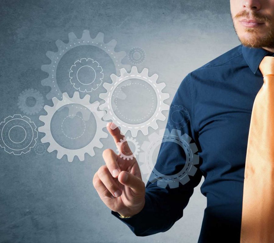 Engineer work with gear Engineer work with gear in a virtual system
