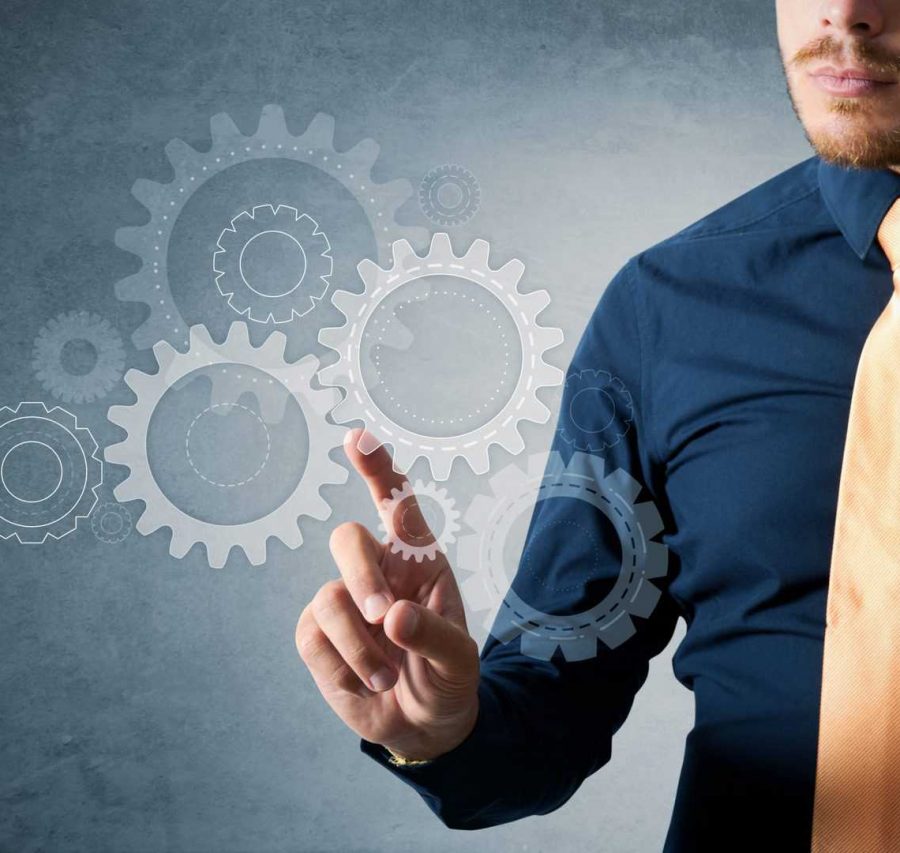 Engineer work with gear in a virtual system